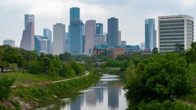 Buffalo Bayou winding toward downtown Houston