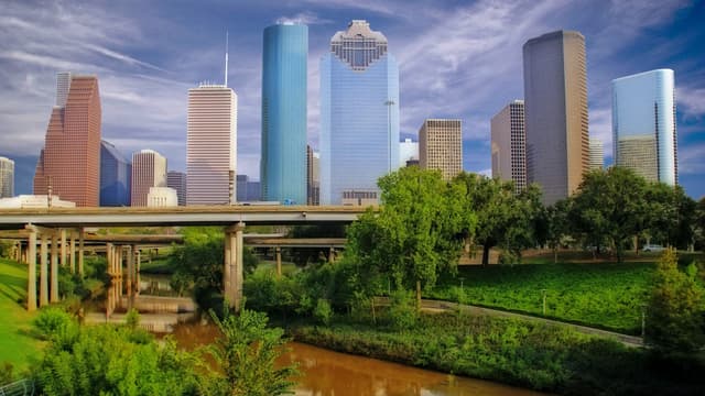 Downtown Houston skyline above Buffalo Bayou