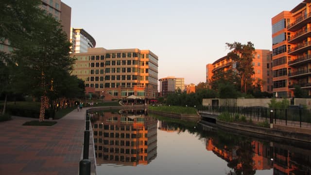 The Woodlands Waterway at sunset