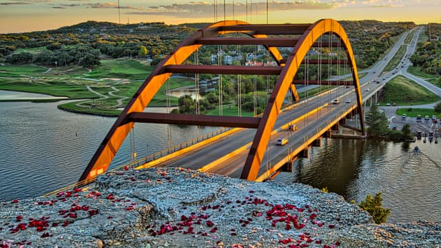 Pennybacker Bridge over Lake Austin at sunset