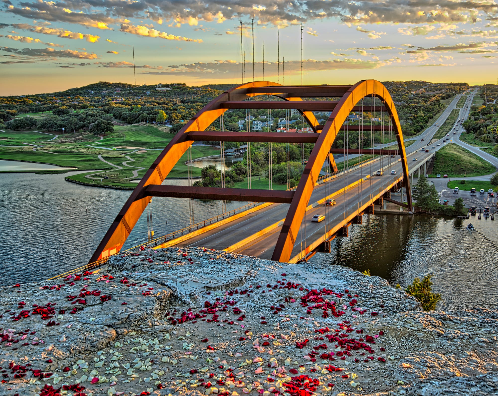 Pennybacker Bridge over Lake Austin at sunset