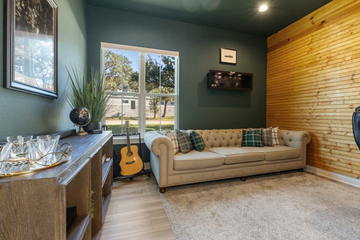 Study with a cedar plank accent wall
